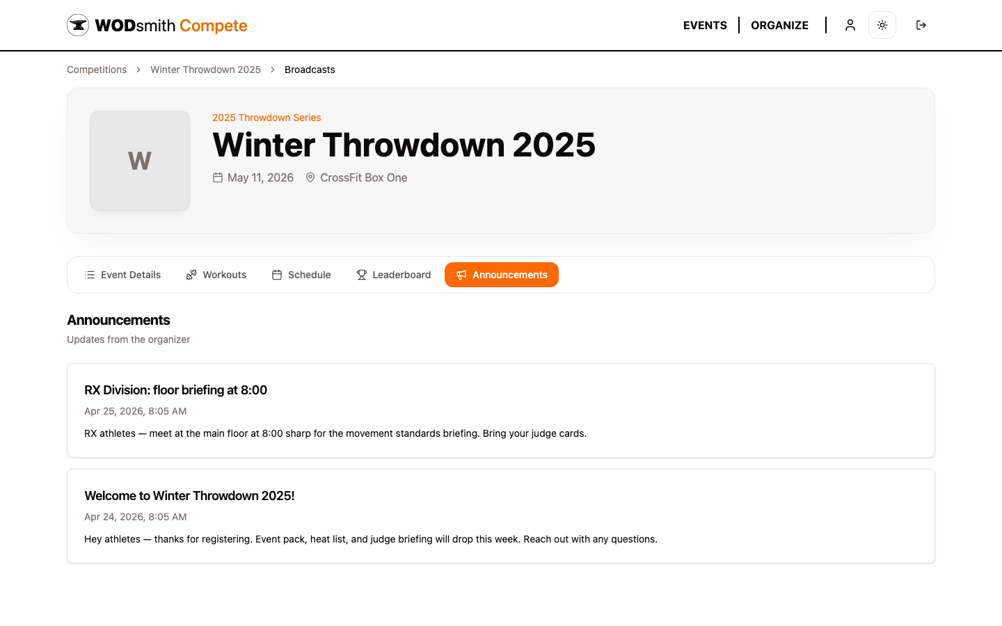Announcements tab with two broadcasts