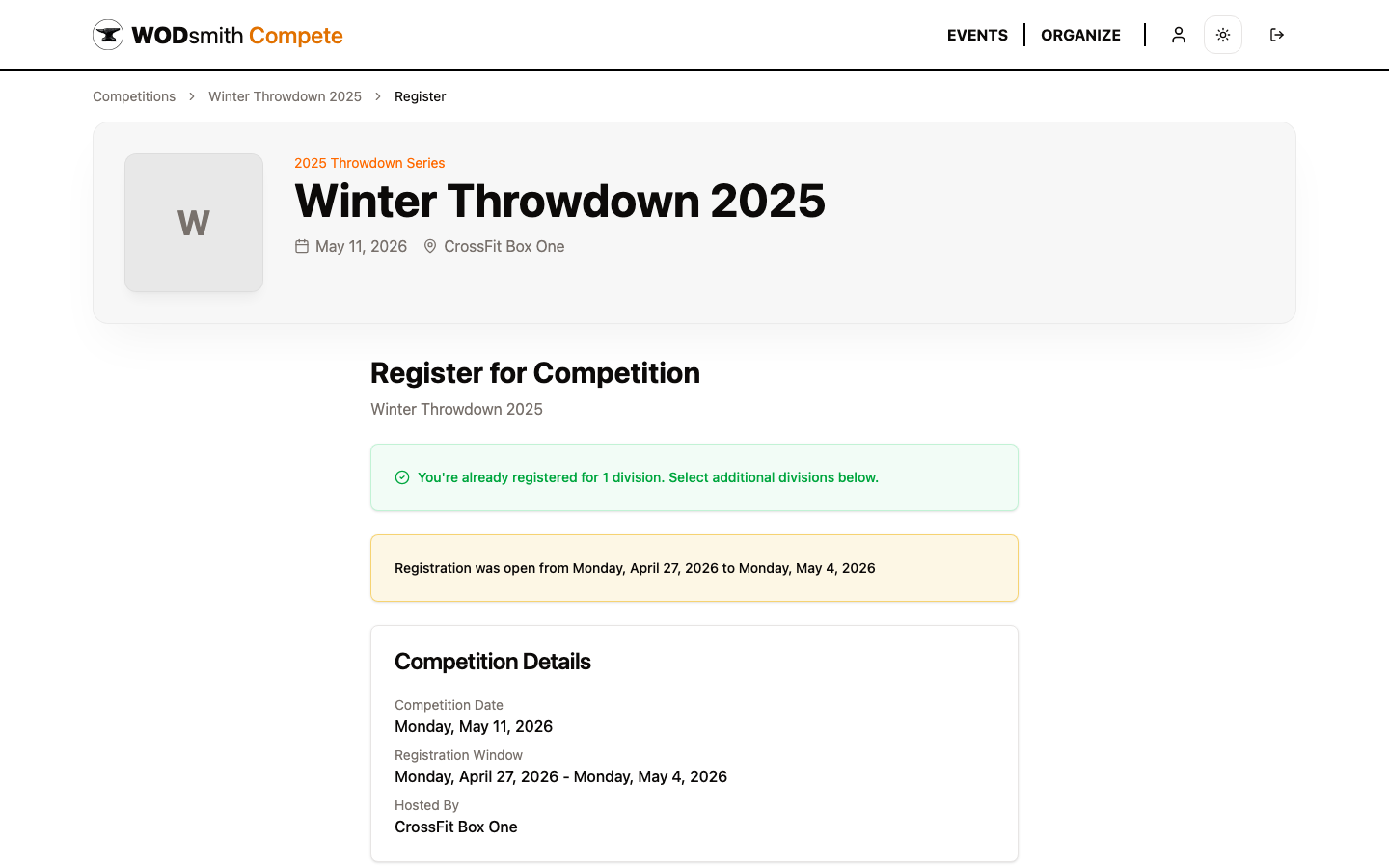 Registration form with division picker