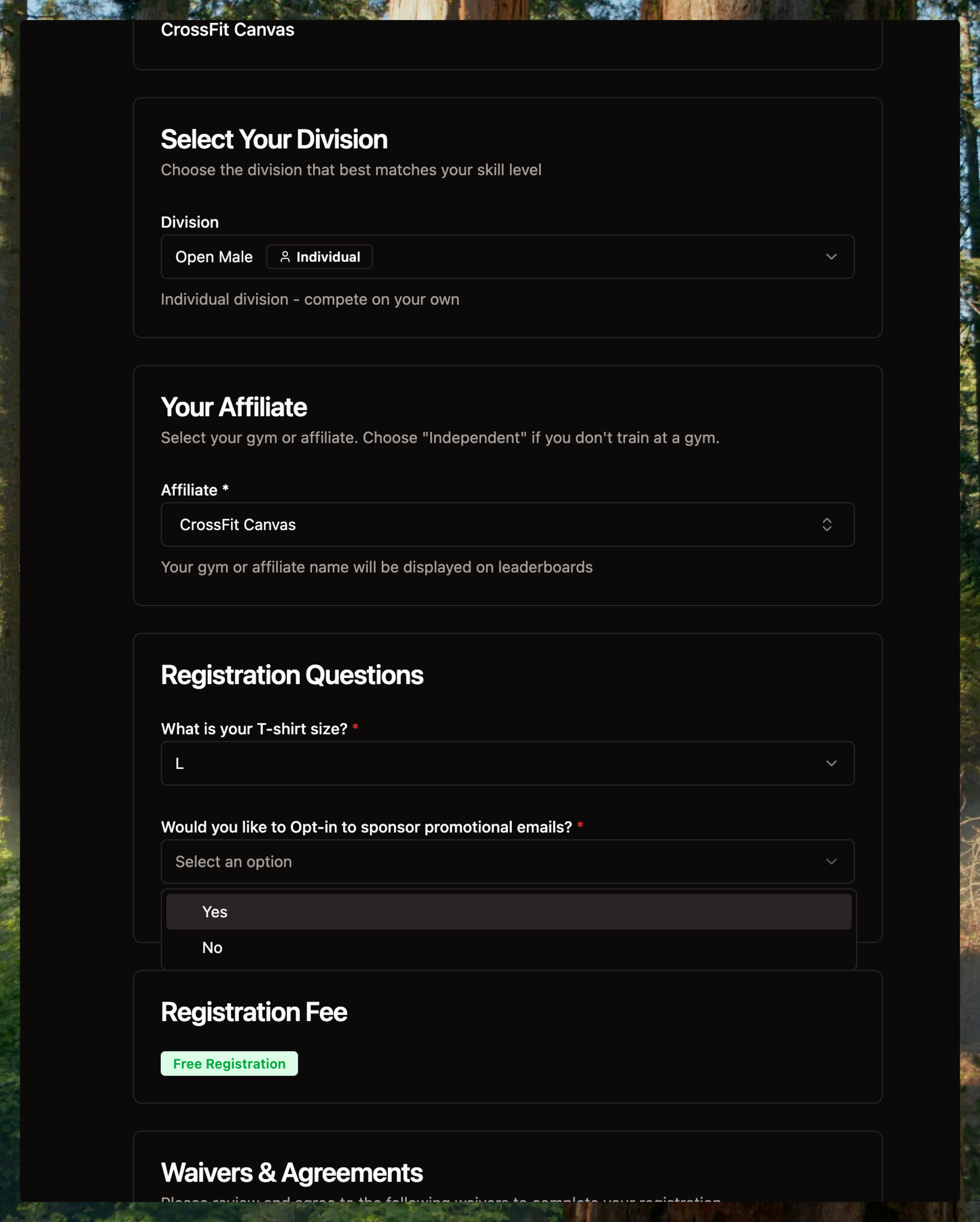 Registration form with questions