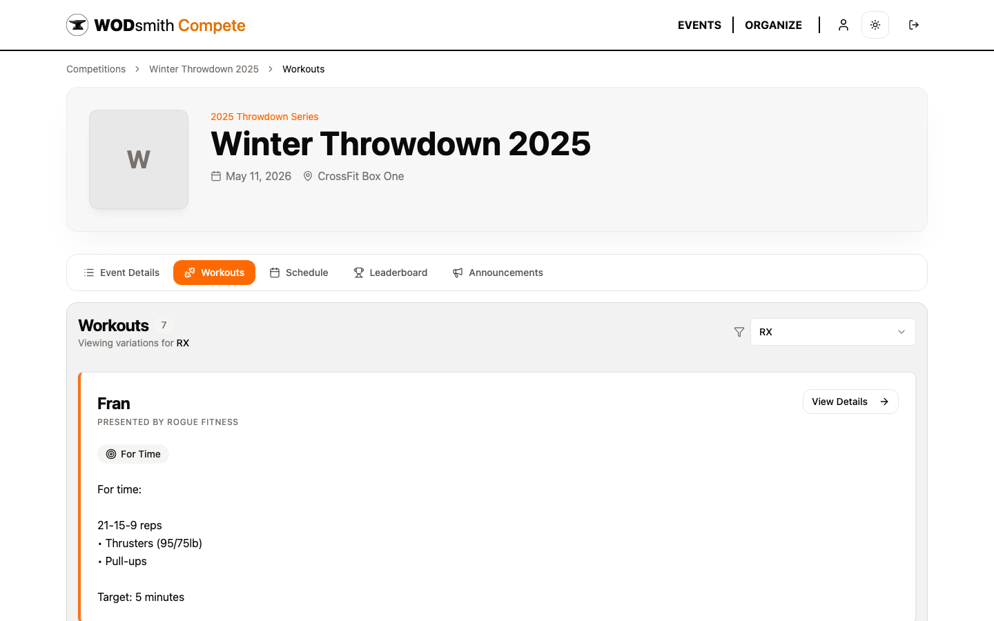 Workouts tab with division-scoped variations