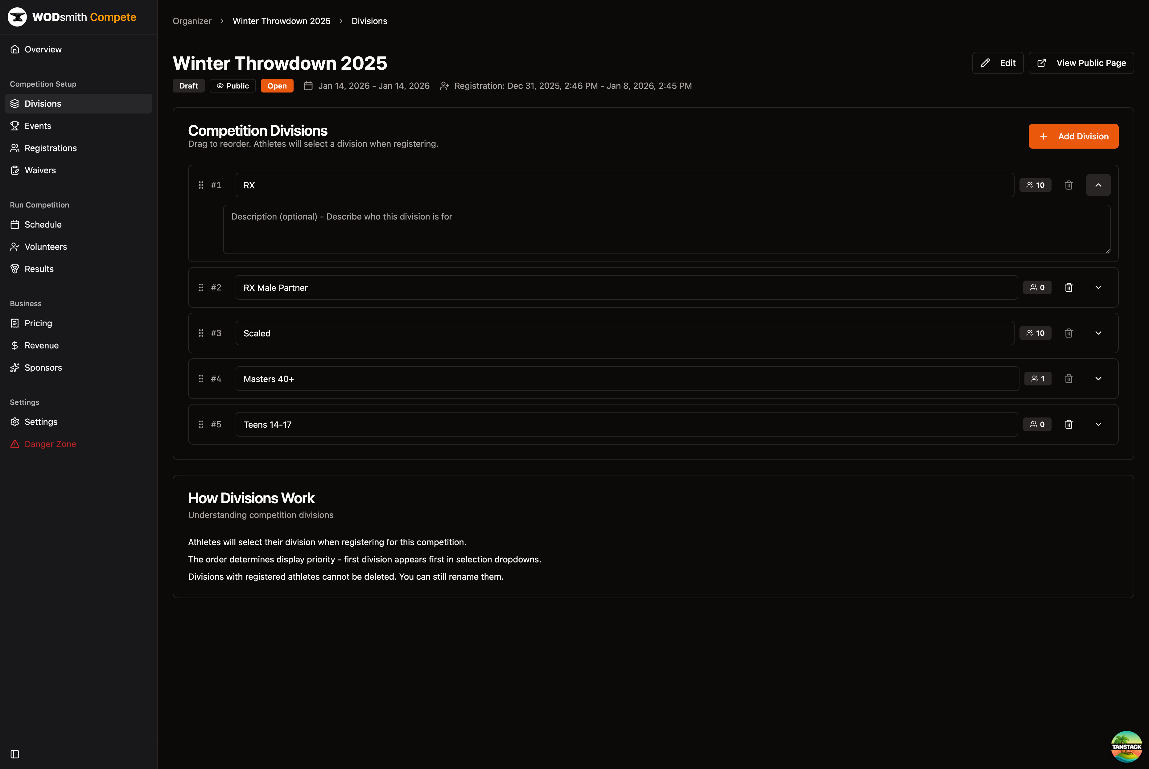 Expanded division showing description field