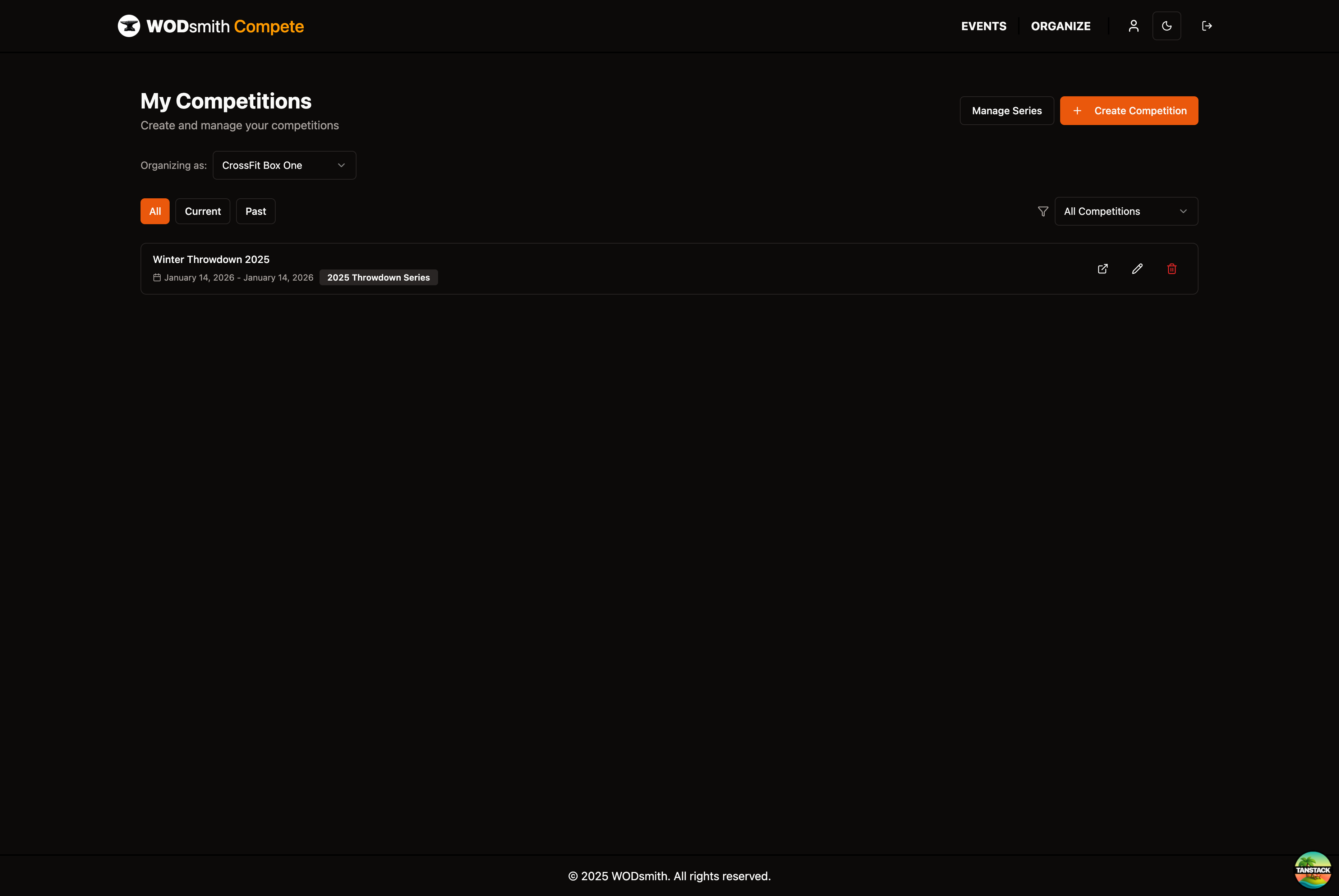 Competition list with Manage button