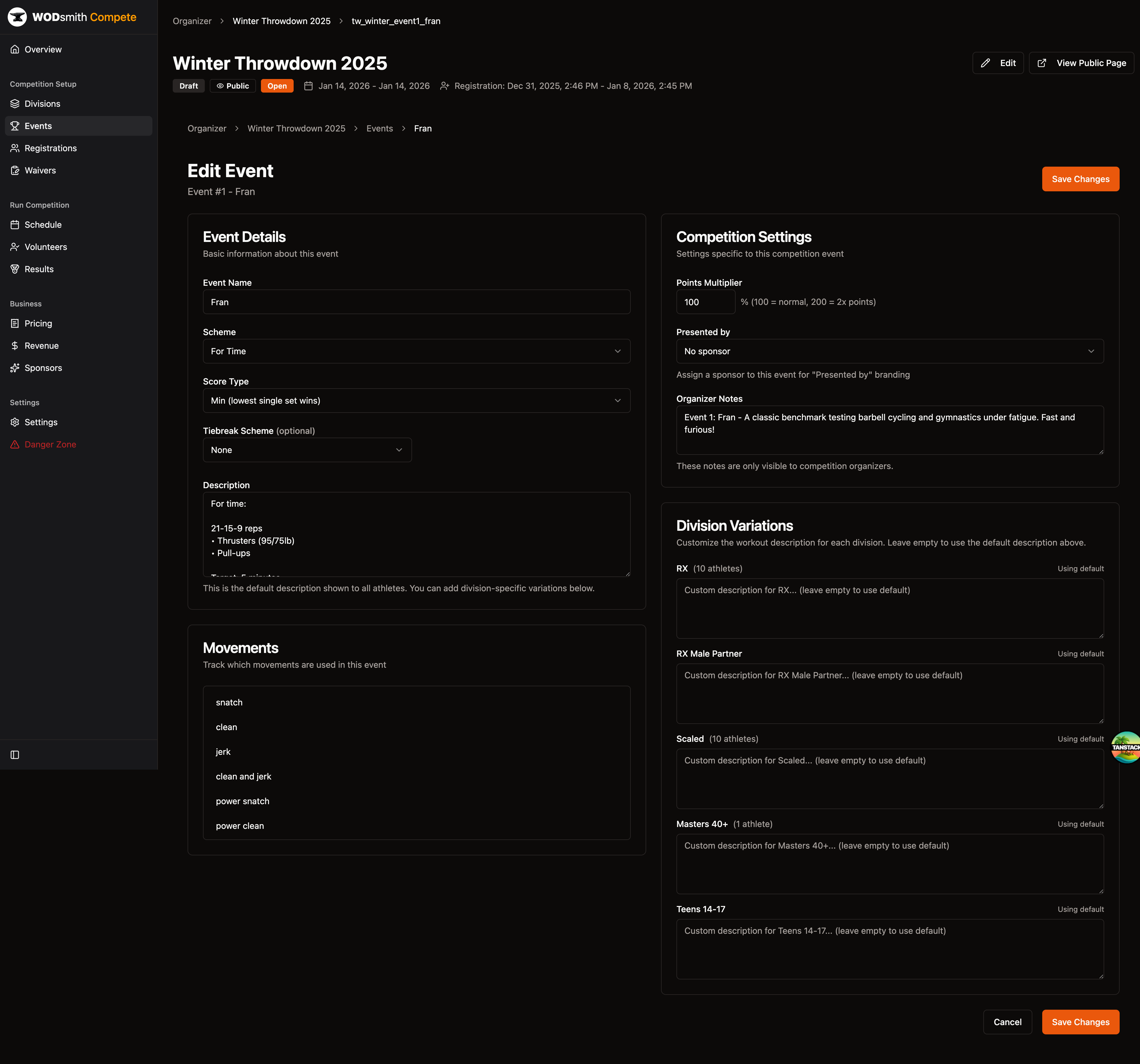 Event edit form