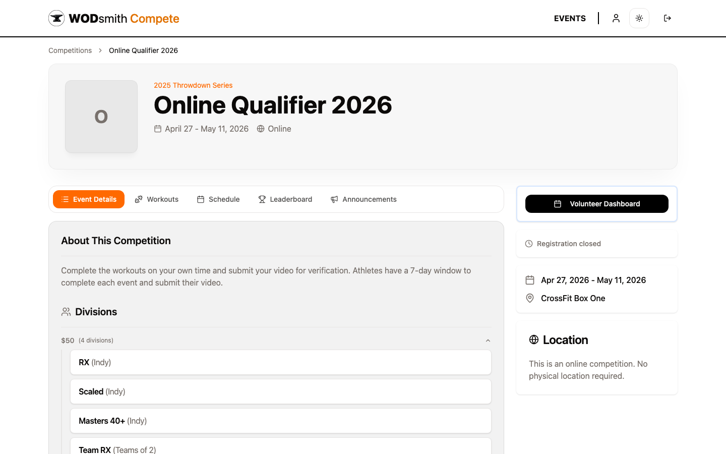 Competition page seen by a judge