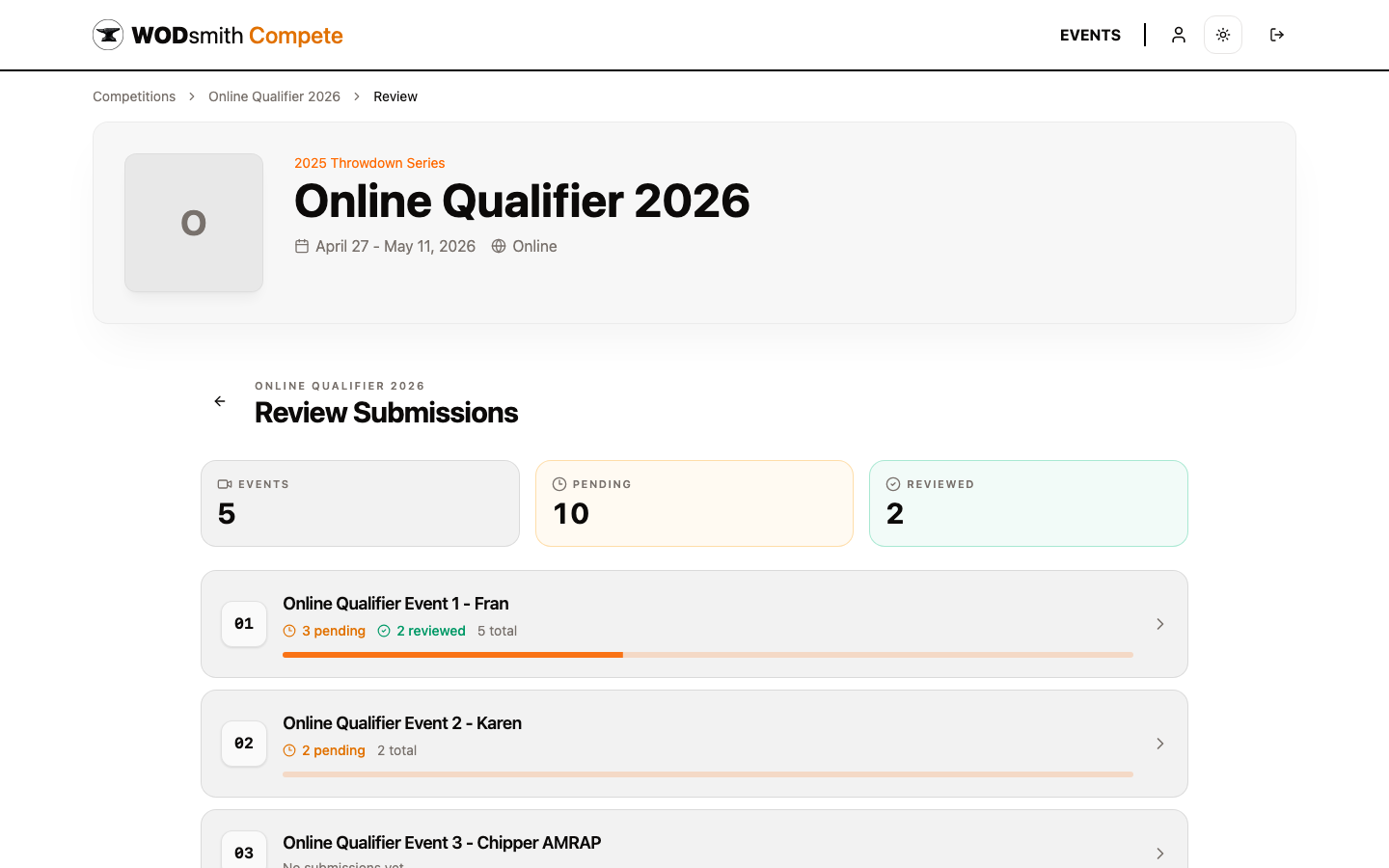 Review queue showing pending events