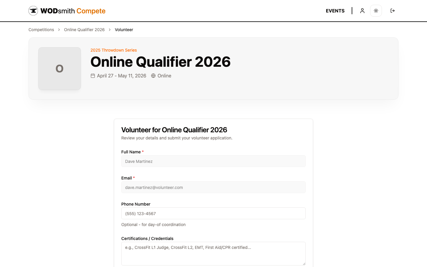 Volunteer signup form