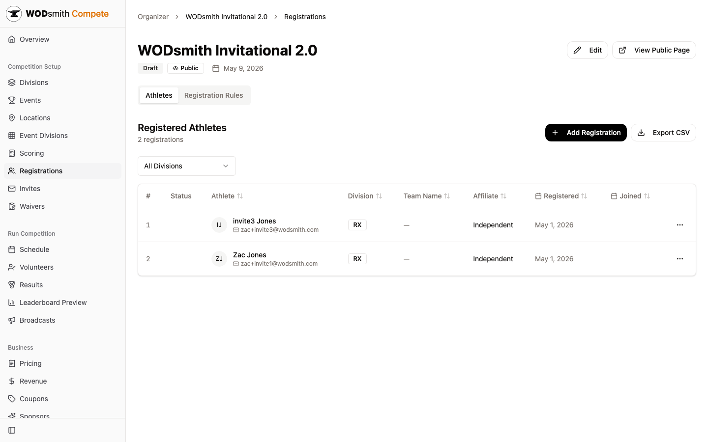 Registrations table with division filter