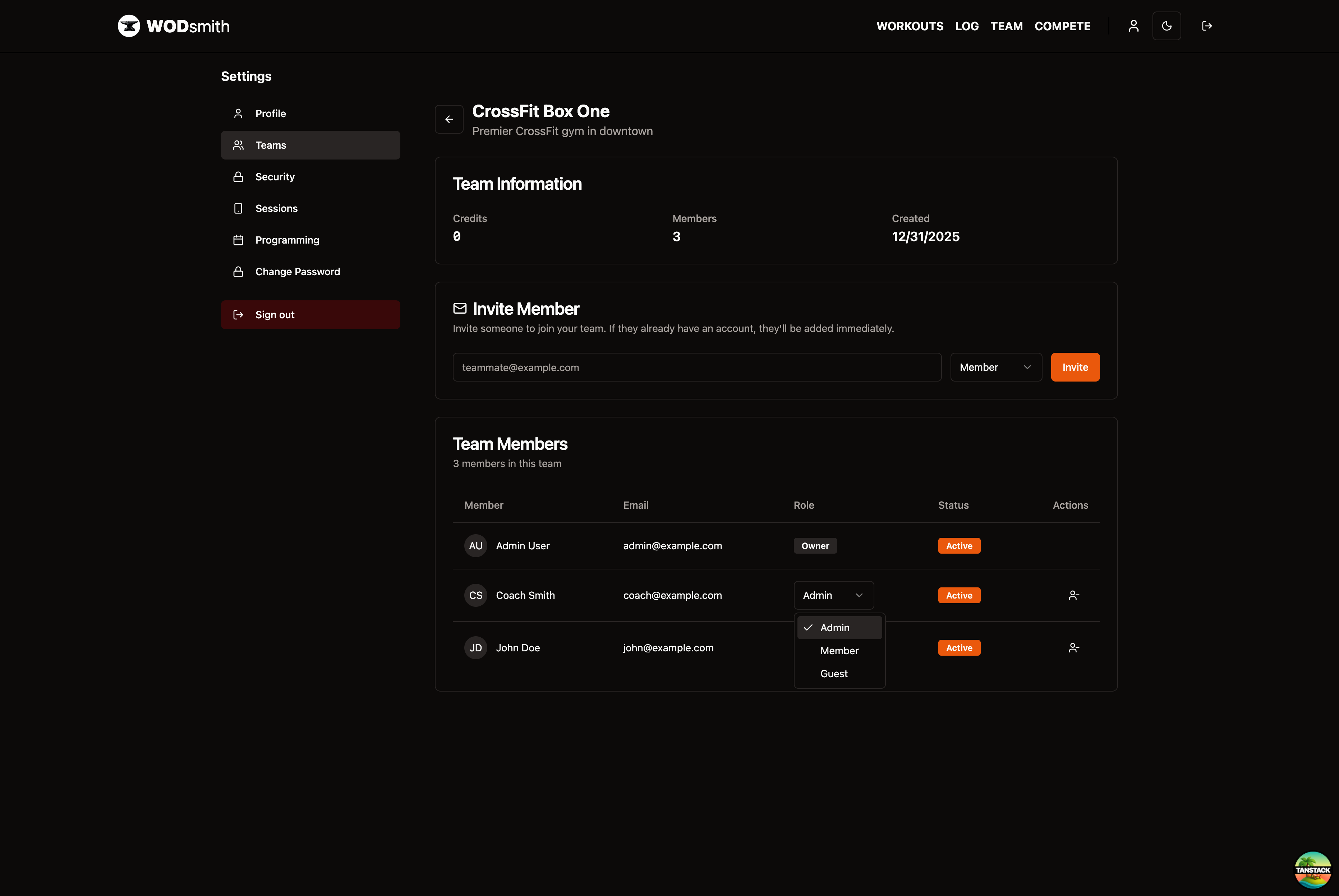 Role dropdown showing options