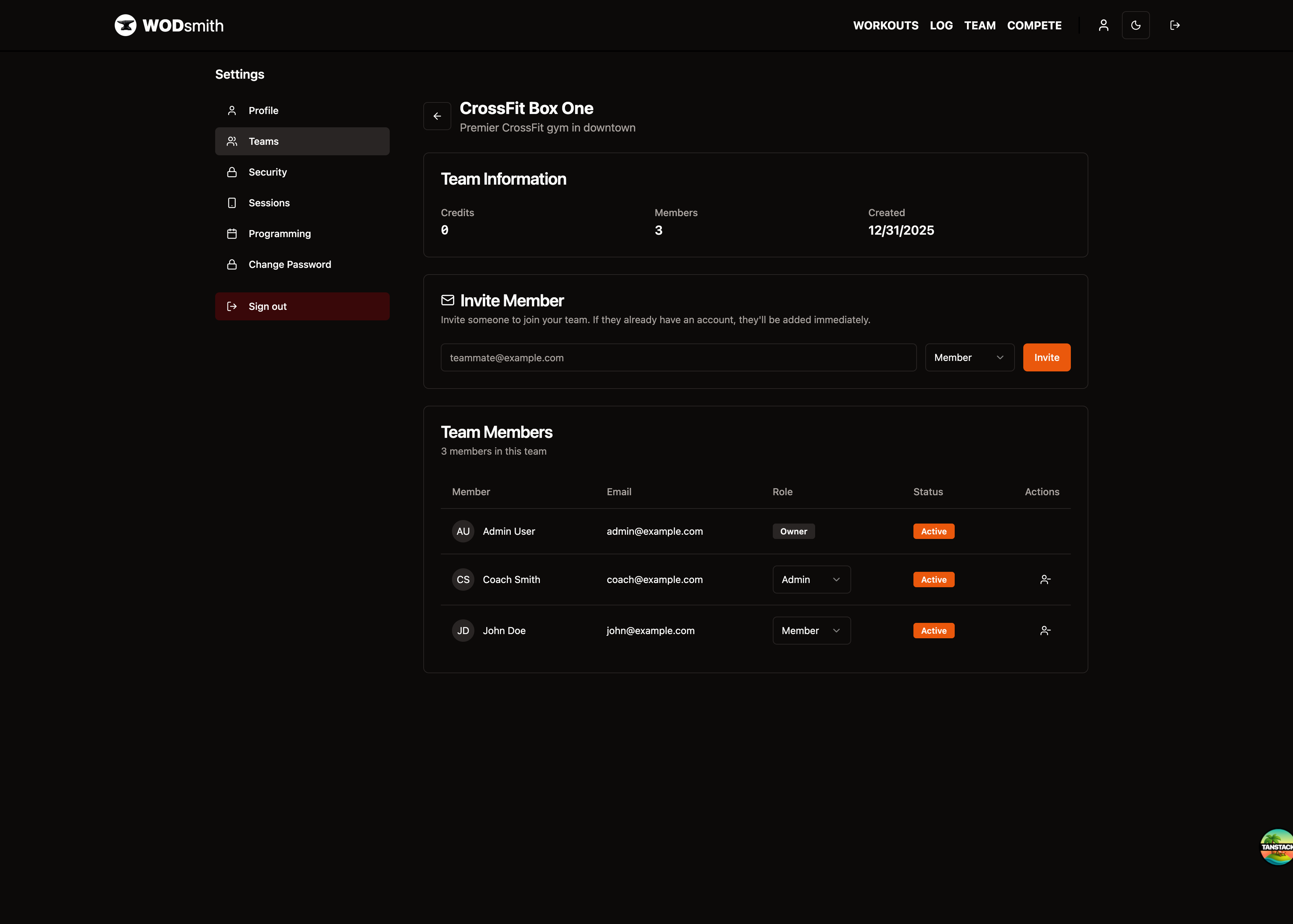 Team members list showing roles