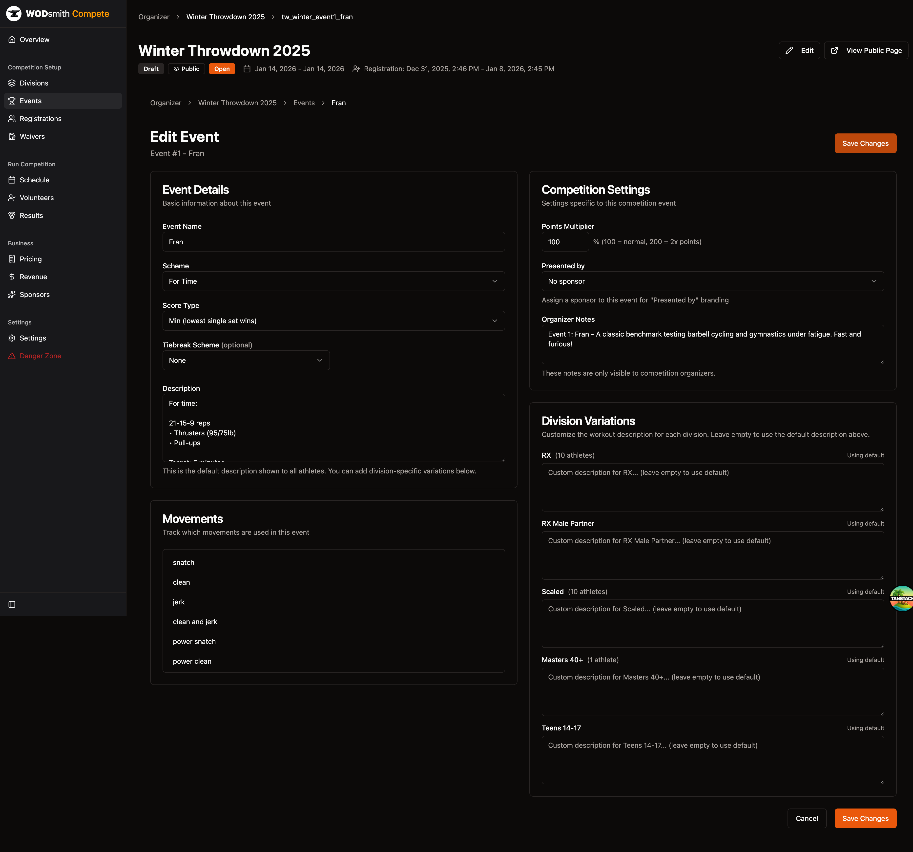 Event edit form