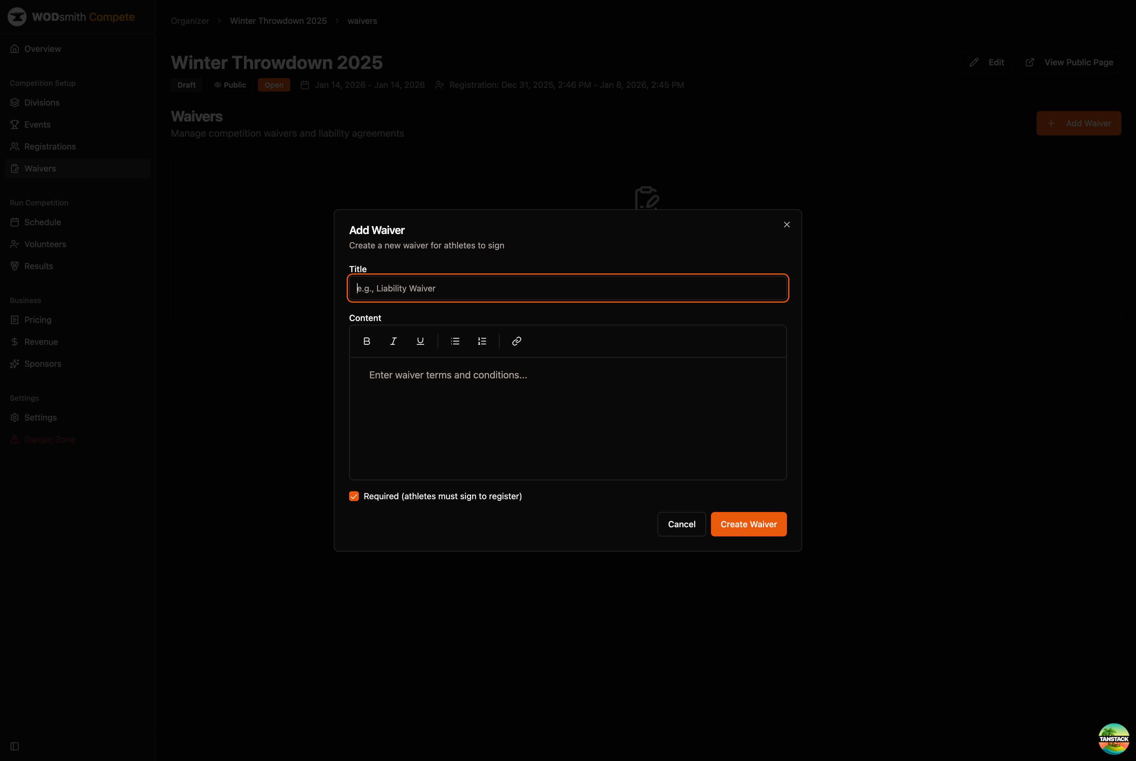 Waiver creation dialog